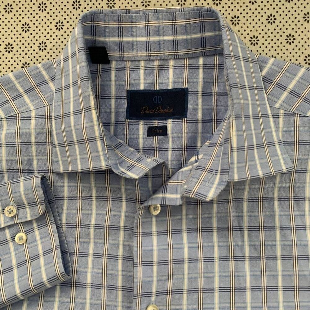 David Donahue Trim Fit Blue Plaid 100% Cotton Dress Shirt 16.5 34/35